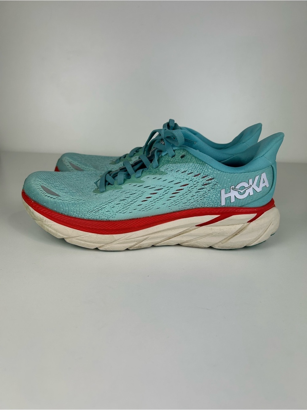 HOKA CLIFTON 8 RUNNING WALKING SHOE WOMENS 7.5B TEAL BLUE RED - Picture 2 of 11